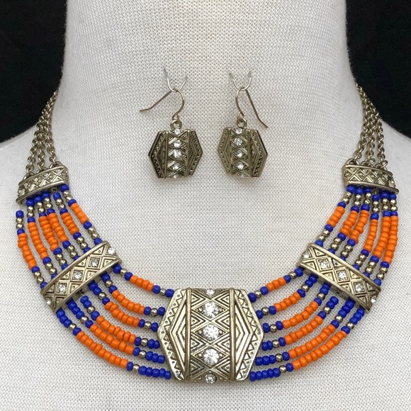 Fashion Jewelry Jewelry - Orange and Blue Seed Bead Tribal Look Statement Necklace Earrings Set